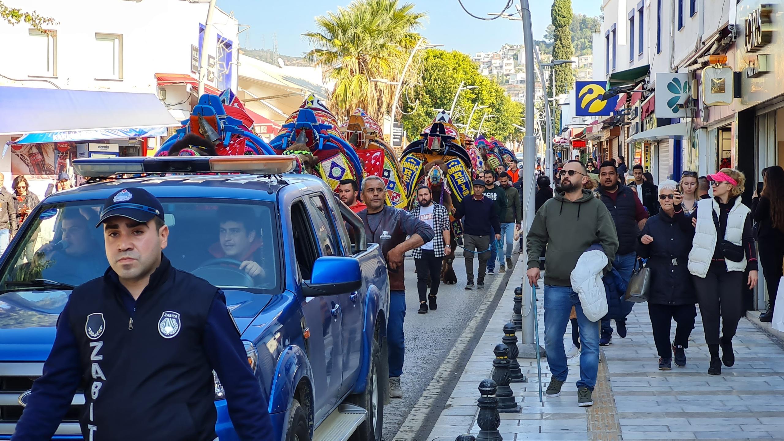 BODRUM'DA DEVELİ KORTEJ YÜRÜYÜŞÜ RENKLİ GÖRÜNTÜLER OLUŞTURDU DEVELERİ GÖRENLER TELEFONLARINA SARILDI